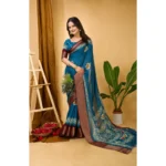 Generic Women's Soft Blooming Marshmallow Fabric Kalamkari Printed Saree With Unstitched Blouse 5.5Mtr (Blue) - Image 2