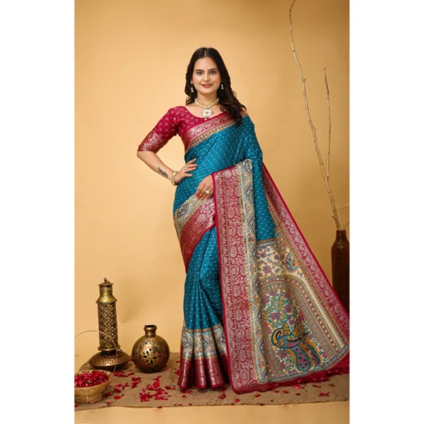 Women's Sky Blue Dola Cotton Kalamkari Saree