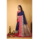 Generic Women's Soft Dola Cotton Kalamkari Printed Saree With Unstitched Blouse 5.5Mtr (Navy Blue) - Image 4