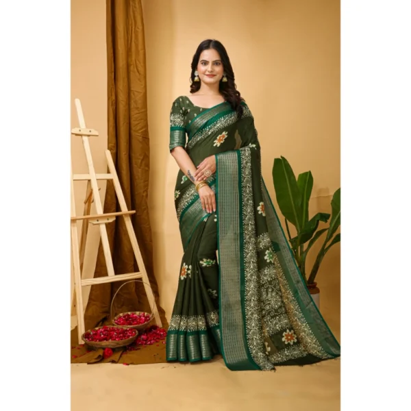 Green Blooming Marshmallow Fabric Kalamkari Saree