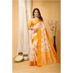 Soft Yellow Cotton Silk Printed Saree with Unstitched Blouse
