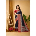 Soft Navy Blue Dola Cotton Kalamkari Printed Saree