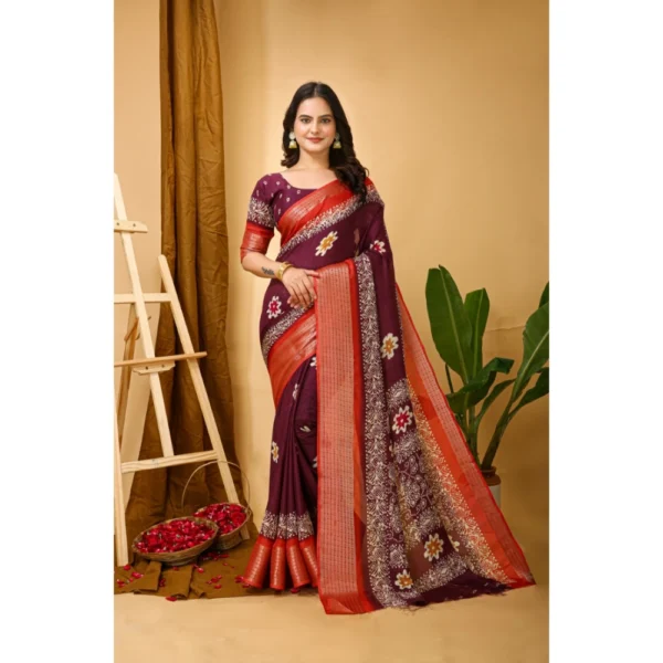 Wine Blooming Marshmallow Fabric Kalamkari Saree