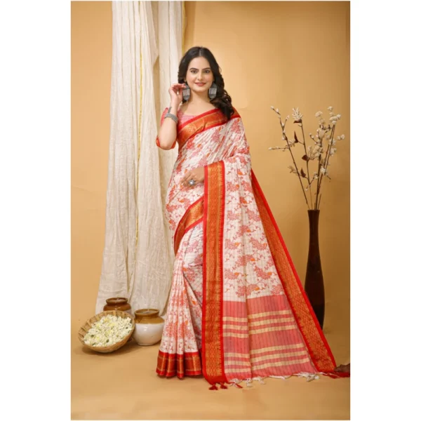 Soft Red Cotton Silk Printed Saree with Unstitched Blouse