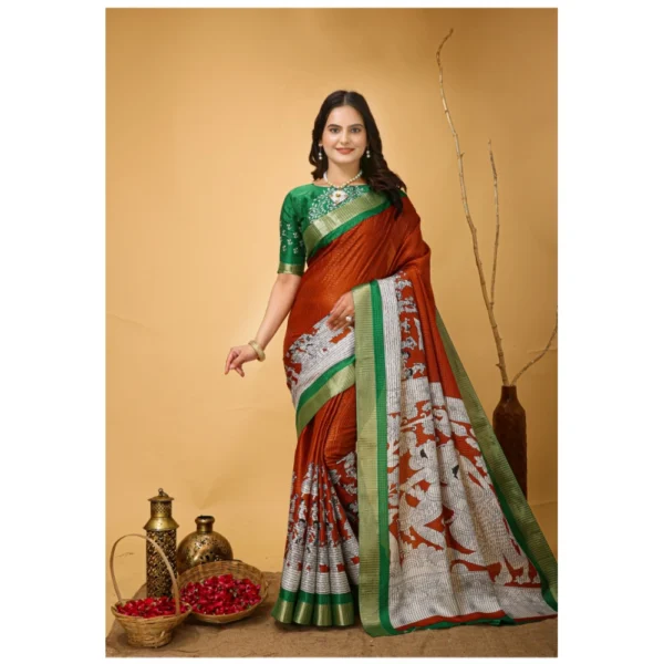 Orange Handloom Cotton Kalamkari Printed Saree for Women