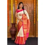 Generic Women's Soft Lichi Silk Printed Saree With Unstitched Blouse 5.5Mtr (Cream) - Image 2