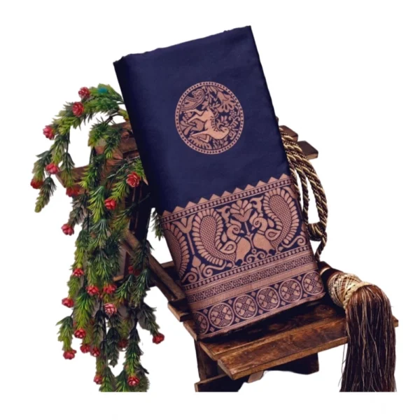 Navy Blue Lichi Silk Printed Saree for Women