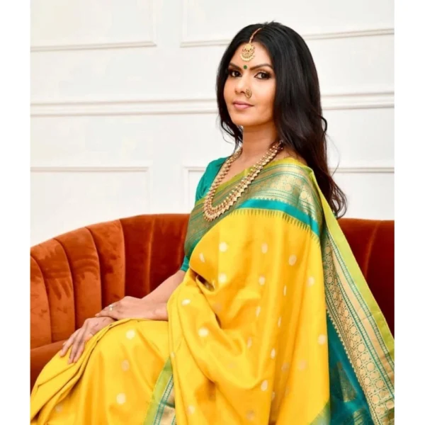 Yellow Lichi Silk Printed Saree for Women