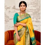 Generic Women's Soft Lichi Silk Printed Saree With Unstitched Blouse 5.5Mtr (Yellow) - Image 3
