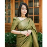Generic Women's Soft Lichi Silk Printed Saree With Unstitched Blouse 5.5Mtr (Green) - Image 4
