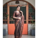 Generic Women's Soft Lichi Silk Printed Saree With Unstitched Blouse 5.5Mtr (Brown) - Image 3