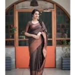 Generic Women's Soft Lichi Silk Printed Saree With Unstitched Blouse 5.5Mtr (Brown) - Image 2