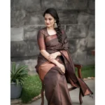 Generic Women's Soft Lichi Silk Printed Saree With Unstitched Blouse 5.5Mtr (Brown) - Image 4