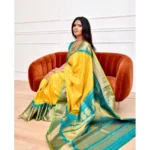 Generic Women's Soft Lichi Silk Printed Saree With Unstitched Blouse 5.5Mtr (Yellow) - Image 2