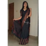 Generic Women's Soft Lichi Silk Solid Saree With Unstitched Blouse 5.5Mtr (Black) - Image 3