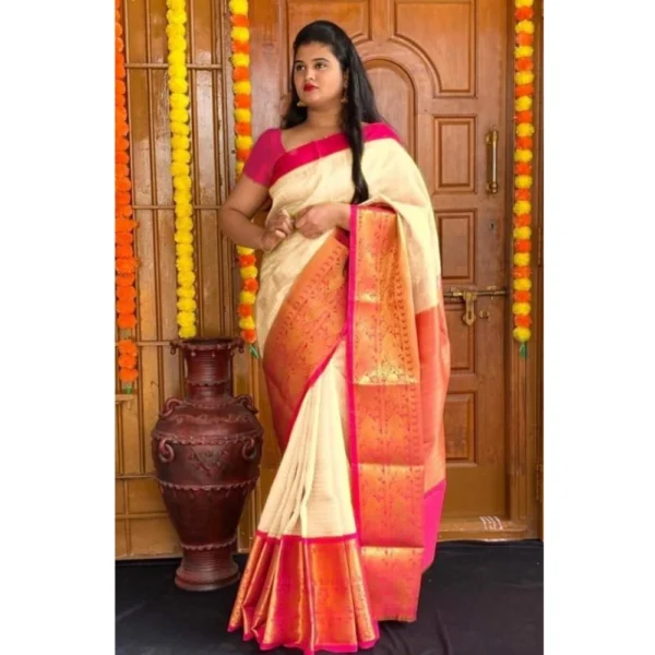 Cream Lichi Silk Printed Saree for Women