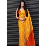 Soft Yellow Lichi Silk Printed Saree with Unstitched Blouse