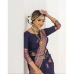 Generic Women's Soft Lichi Silk Printed Saree With Unstitched Blouse 5.5Mtr (Navy Blue) - Image 4