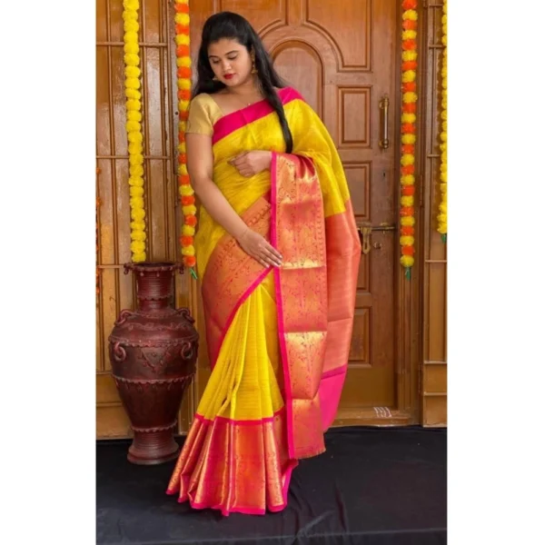Yellow Lichi Silk Printed Saree for Women