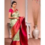 Generic Women's Soft Lichi Silk Printed Saree With Unstitched Blouse 5.5Mtr (Light Green) - Image 3