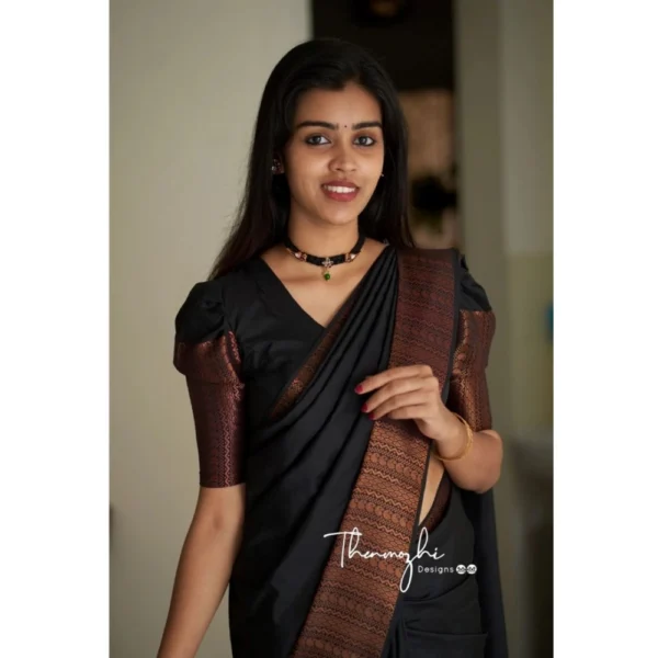 Black Solid Lichi Silk Saree