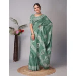 Generic Women's Chanderi Cotton Batik Printed Saree With Unstitched Blouse 5.5Mtr (Green) - Image 2