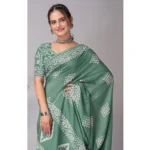 Generic Women's Chanderi Cotton Batik Printed Saree With Unstitched Blouse 5.5Mtr (Green) - Image 3