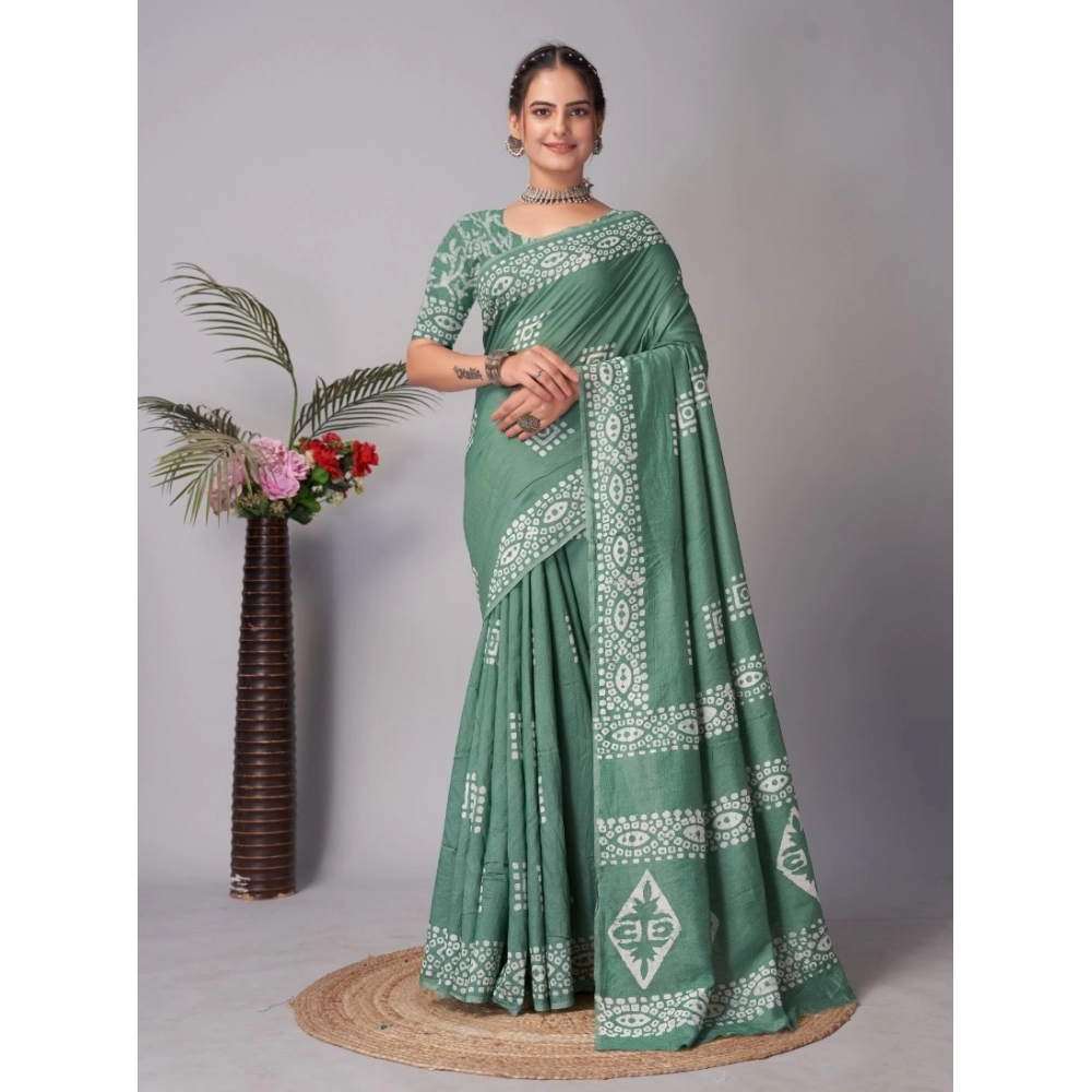 54484447065_30a3a856e8_o_d-1000x1000-1.webp Generic Women's Chanderi Cotton Batik Printed Saree With Unstitched Blouse 5.5Mtr (Green) - Image 1