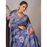 Generic Women's Chanderi Cotton Batik Printed Saree With Unstitched Blouse 5.5Mtr (Grey) - Image 2