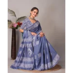 Generic Women's Chanderi Cotton Batik Printed Saree With Unstitched Blouse 5.5Mtr (Grey) - Image 4