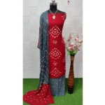 Generic Women's Rayon Printed Unstitched Salwar Suit Material With Dupatta 2.3Mtrs (Red) - Image 2