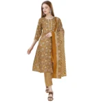 Generic Women's Cotton Blend Printed 3-4 th Sleeve Round Neck Kurti With Pant Dupatta Set (Yellow) - Image 5