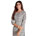 Generic Women's Cotton Blend Foil Print - Mirror Work 3-4 th Sleeve Round Neck Kurti With Pant Set (Grey) - Image 3