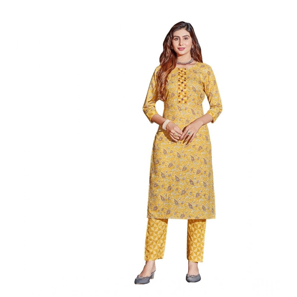 54485609667_a601f8f0a8_o_d-1000x1000-1.webp Generic Women's Cotton Blend Foil Print - Mirror Work 3-4 th Sleeve Round Neck Kurti With Pant Set (Mustard) - Image 1