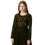 Generic Women's Georgette Embroidered Full Sleeve Round Neck Gown (Mehendi) - Image 3