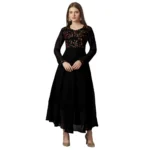 Generic Women's Georgette Embroidered Full Sleeve Round Neck Gown (Black)