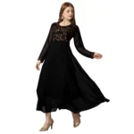 Generic Women's Georgette Embroidered Full Sleeve Round Neck Gown (Black) - Image 4