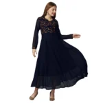 Generic Women's Georgette Embroidered Full Sleeve Round Neck Gown (Navy Blue ) - Image 3