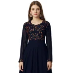 Generic Women's Georgette Embroidered Full Sleeve Round Neck Gown (Navy Blue ) - Image 4