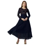 Generic Women's Georgette Embroidered Full Sleeve Round Neck Gown (Navy Blue )