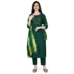 Generic Women's Cotton Blend Embroidered 3-4 th Sleeve Round Neck Kurti With Pant Dupatta Set (Green)