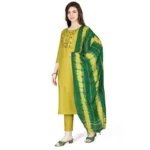 Generic Women's Cotton Blend Embroidered 3-4 th Sleeve Round Neck Kurti With Pant Dupatta Set (Yellow) - Image 4