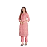 Generic Women's Cotton Blend Foil Print - Mirror Work 3-4 th Sleeve Round Neck Kurti With Pant Set (Pink) - Image 4