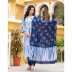 Generic Women's Cotton Printed 3-4 th Sleeve V Neck Kurti With Pant Dupatta Set (Blue)
