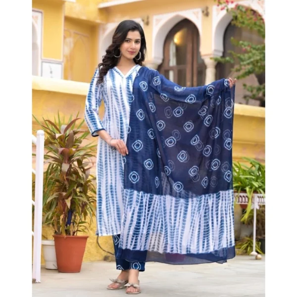 Generic Women's Cotton Printed 3-4 th Sleeve V Neck Kurti With Pant Dupatta Set (Blue)