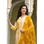 Generic Women's Cotton Printed 3-4 th Sleeve V Neck Kurti With Pant Dupatta Set (Yellow) - Image 4