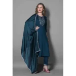 Generic Women's Silk Blend Embroidered 3-4 th Sleeve Round Neck Kurti With Pant Dupatta Set (Blue) - Image 4