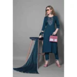 Generic Women's Silk Blend Embroidered 3-4 th Sleeve Round Neck Kurti With Pant Dupatta Set (Blue) - Image 3