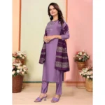 Generic Women's Silk Embroidered 3-4 th Sleeve Sweetheart Neck Kurti With Pant Dupatta Set (Lavender) - Image 4