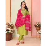 Generic Women's Silk Embroidered 3-4 th Sleeve Sweetheart Neck Kurti With Pant Dupatta Set (Green) - Image 3